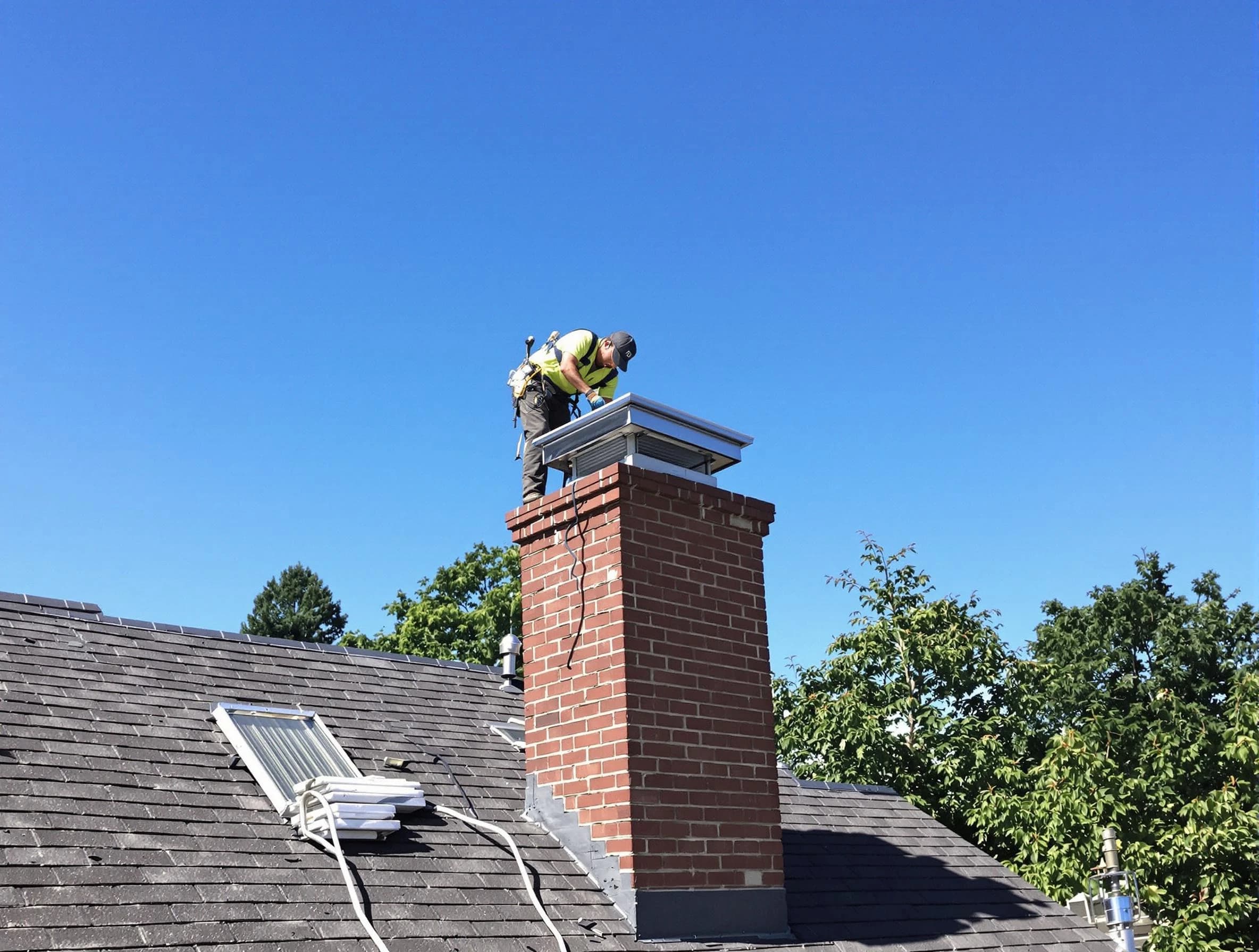 Brick Chimney Sweep technician measuring a chimney cap in Brick, NJ