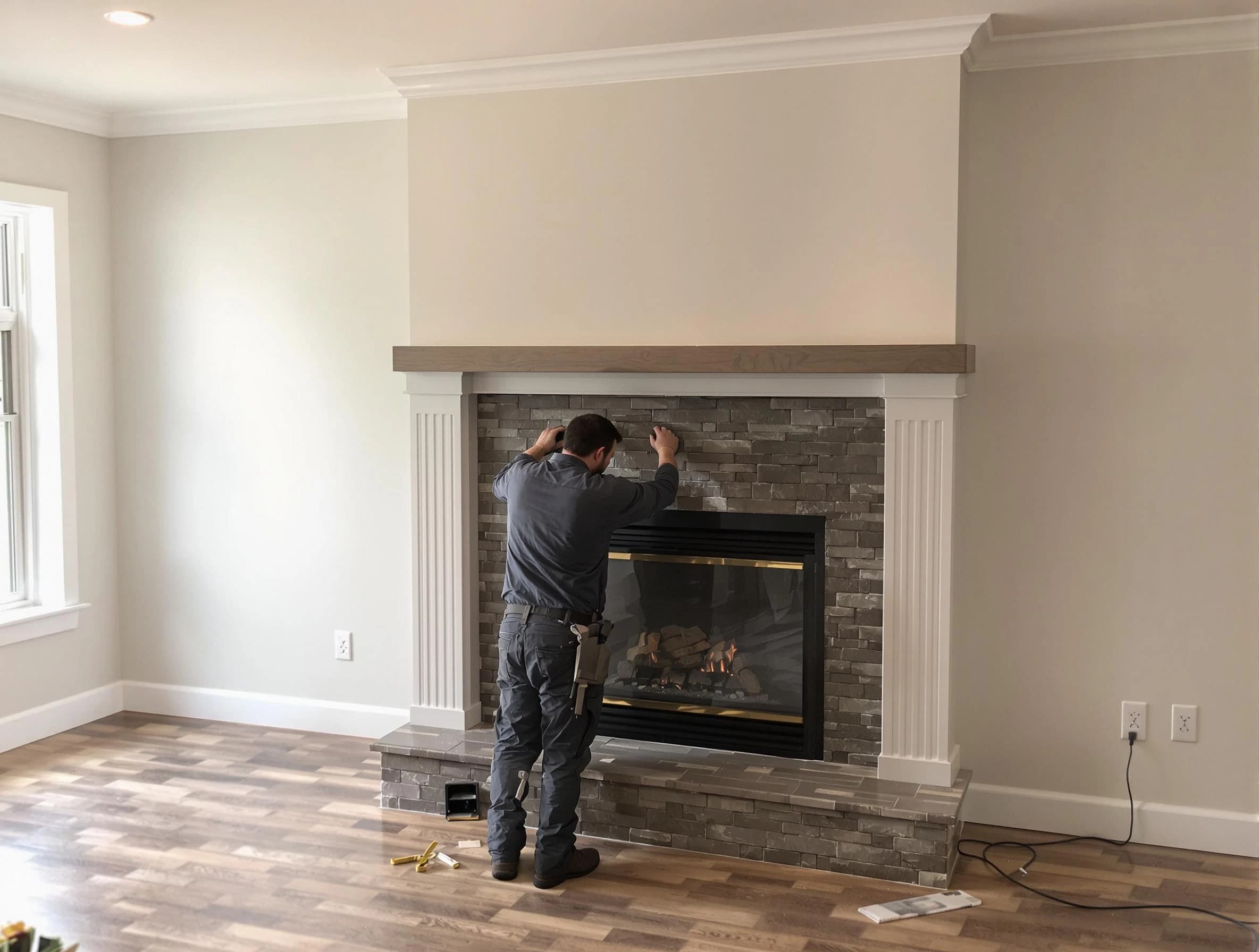 Brick Chimney Sweep finishing a custom fireplace install in Brick, NJ